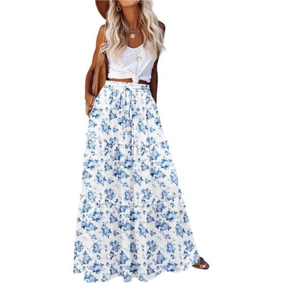 Womens Maxi Skirts, Flowy Skirt with Pockets White Blue - Picture 1 of 5